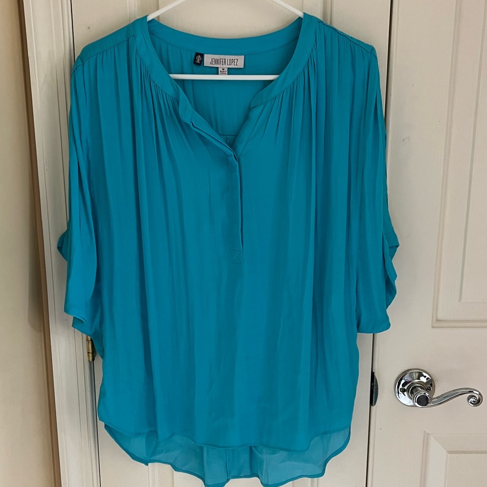 Jennifer Lopez drop shoulder blouse in turquoise blue Size M